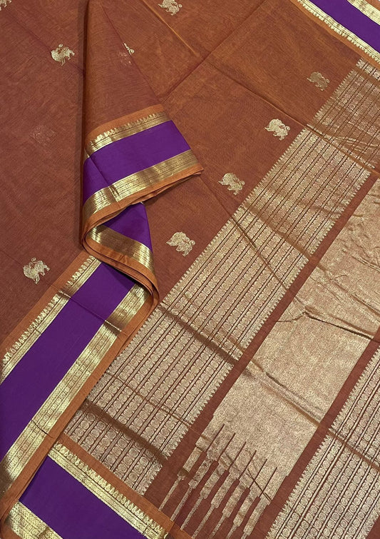 Pure Handloom Kanchi rich Cotton Saree | yhazli X rettaipet Zari border| orange X violet