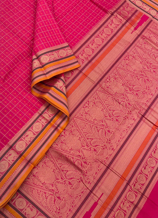 Pure Handloom Kanchi rich Cotton Saree | 1000 butta X yhazli X pink yellow