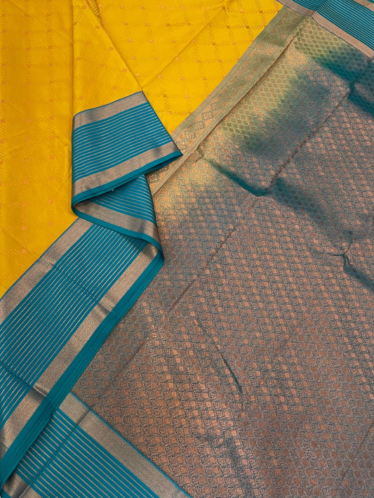 Vegan Silk Sarees Online| Cyan blue X Yellow