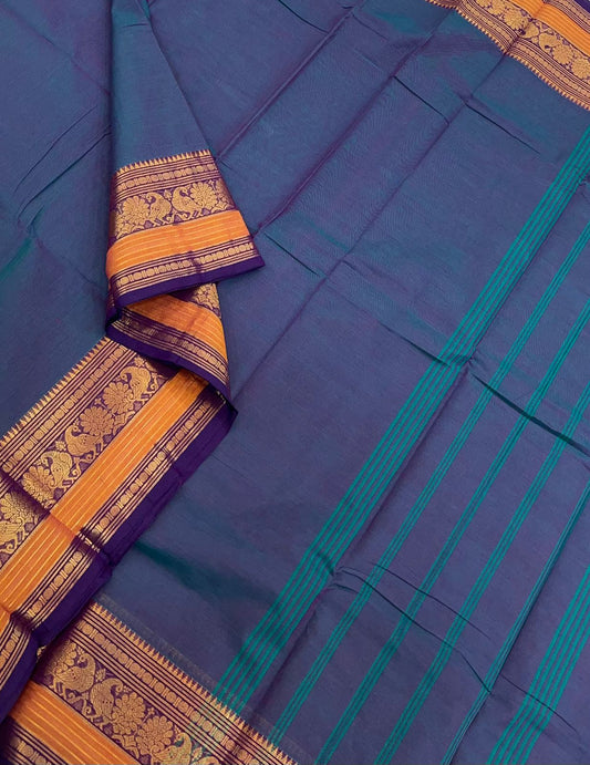 Kanchi soft cotton | mayil X zari border | twotone blue x orange