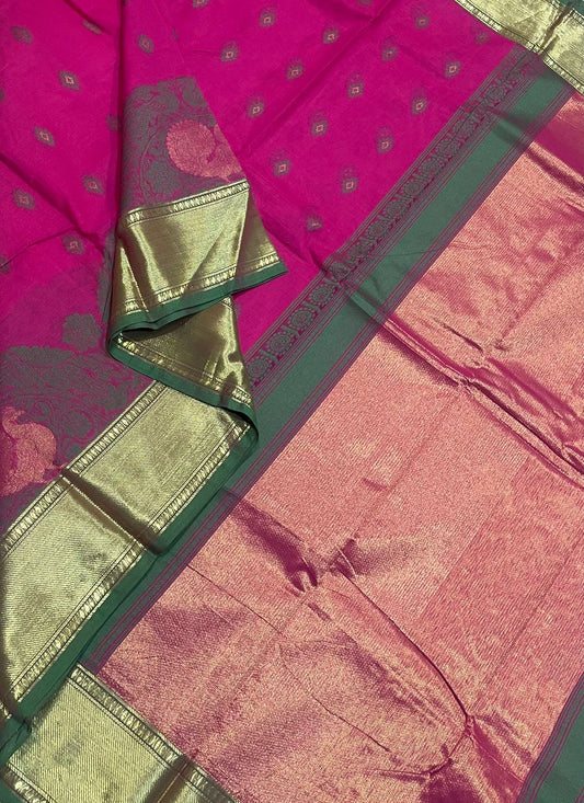 Kanchi soft cotton | mayil turning border x zari | Rani pink X green