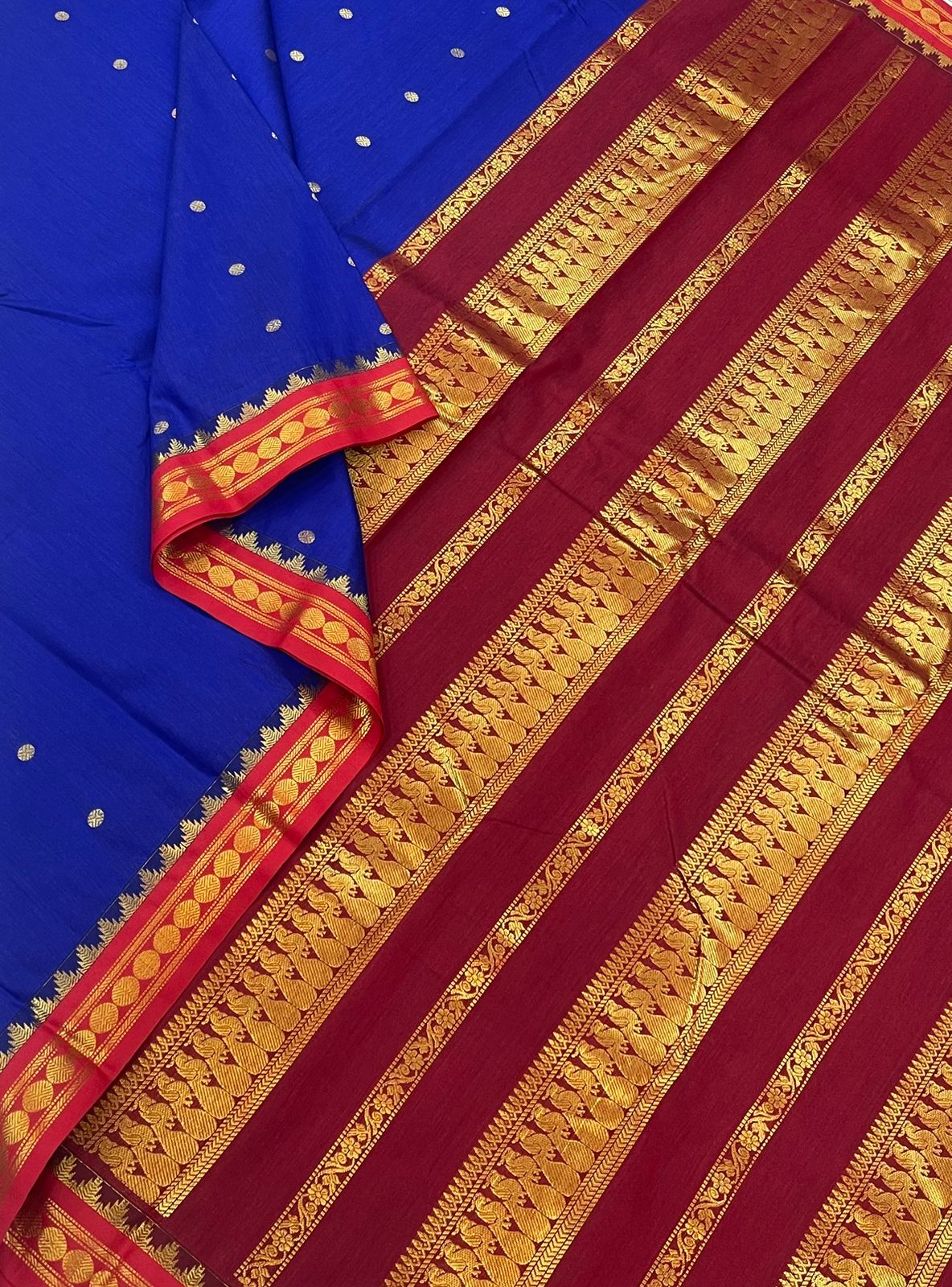 Semi Silk soft Cotton Sarees | korvai border tiny temple | blue x red | tiny zari border | NKV11