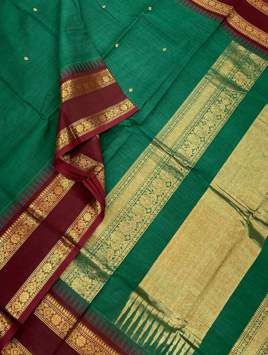 Kanchi cotton| green X marron | Zari X rettaipet