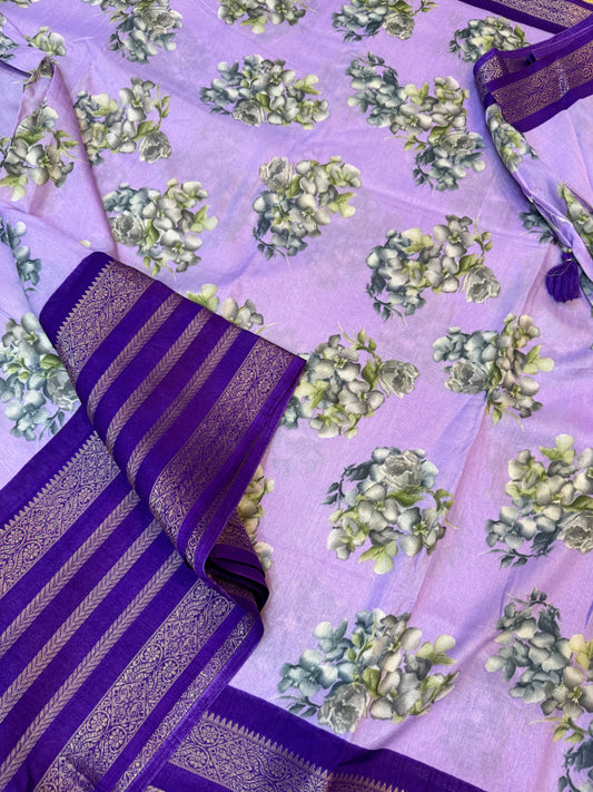 Floral | PrintedSemiSilk | lavender X violet | Kanchipuram Border