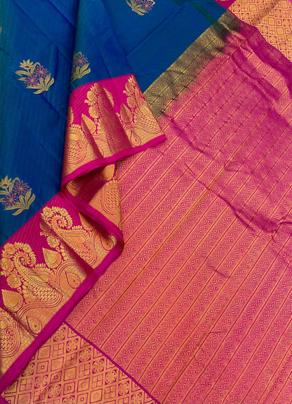 Pure Kanjivarams | blue x Rani pink | meena floral x zari border