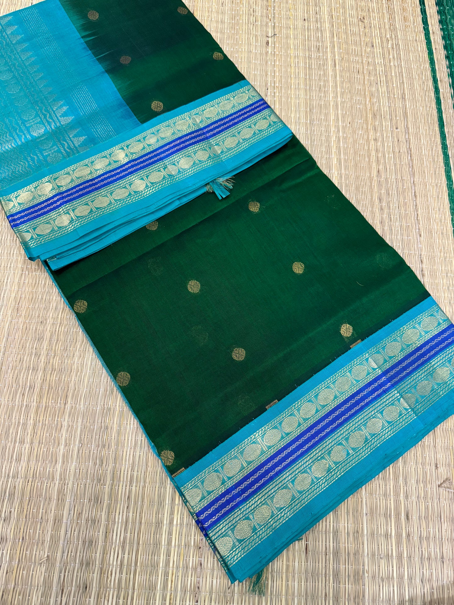 Cotton Silk Sarees | Bottle green  X sky blue