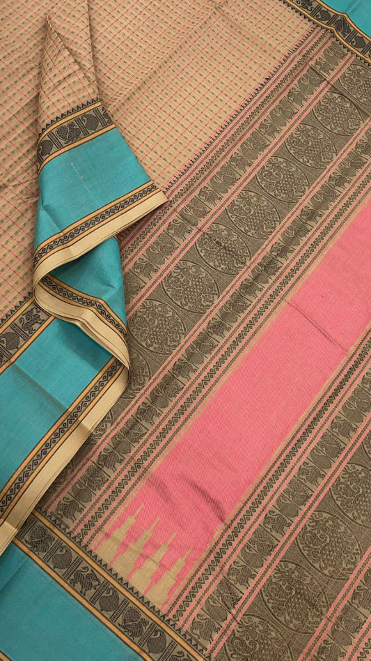 Pure Handloom Kanchi rich Cotton Saree | threads X 1000 BUTTA | pastel cream x candy | Special color weave