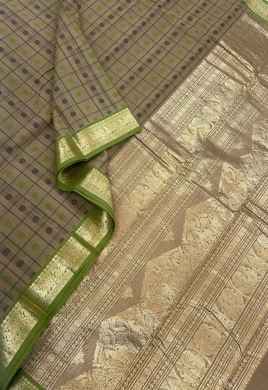 Pure Handloom Kanchi rich Cotton Saree | 1000 butta X threads | beige X light green