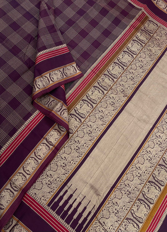 Pure Handloom Kanchi rich Cotton Saree | threads X Kattam x yhazli BUTTA | Dark plum Violet x red