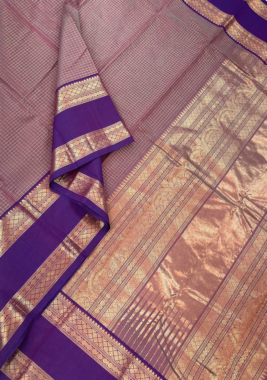 Pure Handloom Kanchi rich Cotton Saree | muthukattam zari x Rettaipet |pastel pink x Violet