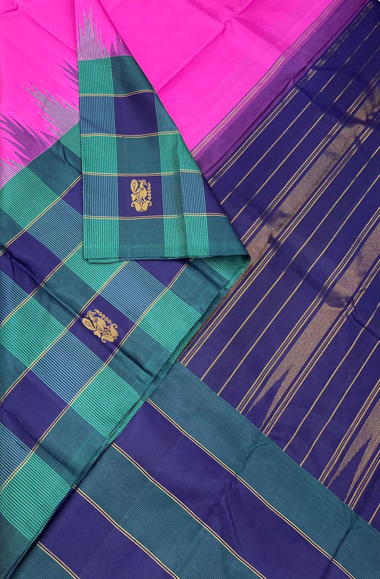 Pure Kanjivarams | peacock blue X pink |one side korvai x long border checks butta | Handwoven luxury x 4 ply