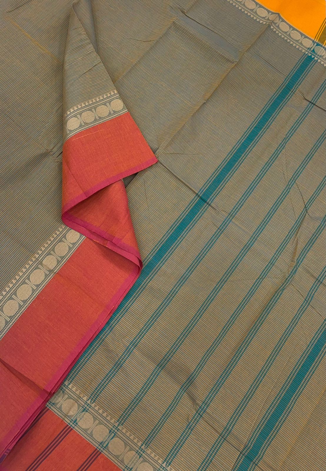 Kanchi cotton| teal x ganga jamuna | thread RUDHRAKSHAM border