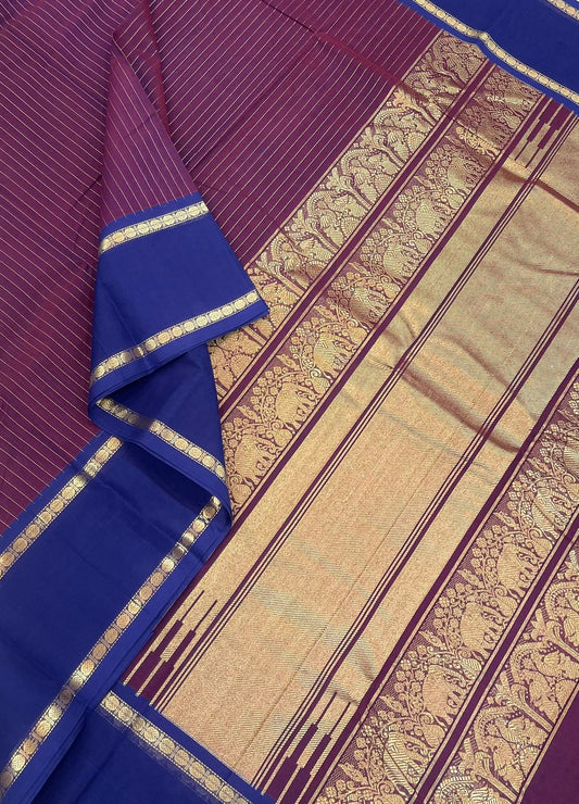 Pure Handloom Kanchi Cotton Saree | dark Violet X blue |Vairaoosi x Rettaipet | Best seller