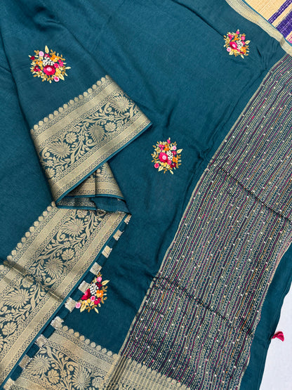 Premium Handloom Soft Chanderi silk cotton  | Floral Embroidered French knot