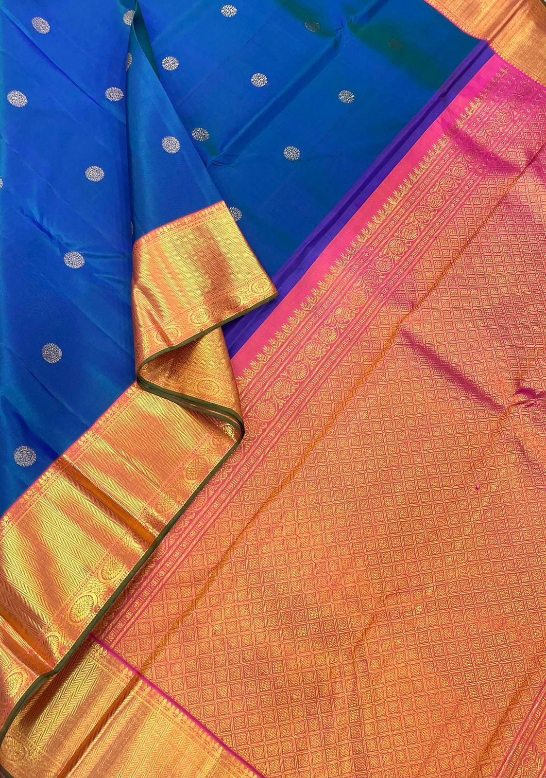 Pure Kanjivarams | peacock blue X pink |hand korvai x round butta | Handwoven luxury x 4 ply