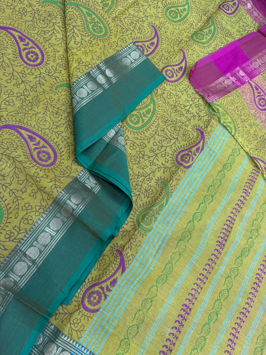 Kanchi cotton| yellow X Ganga Jamuna | mango block print | Zari border