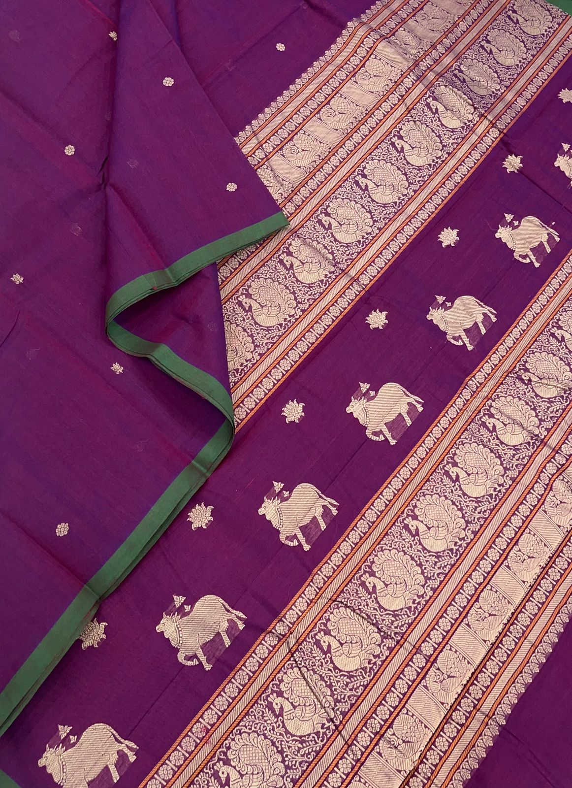 Pure Handloom Kanchi rich Cotton Saree | Magentha X Green | Pichwai Pallu