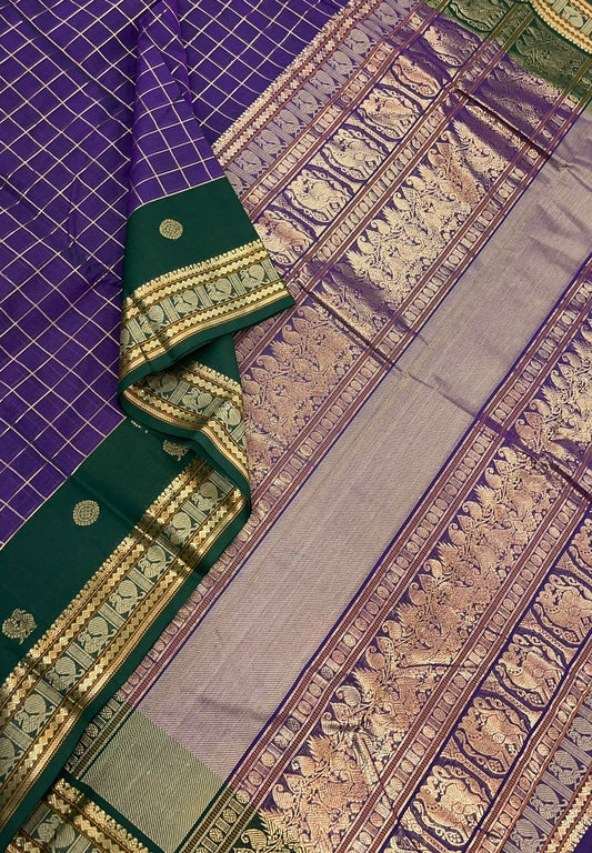 Pure Handloom Kanchi rich Cotton Saree | kattam zari x mayil chakram |violet x bottle green