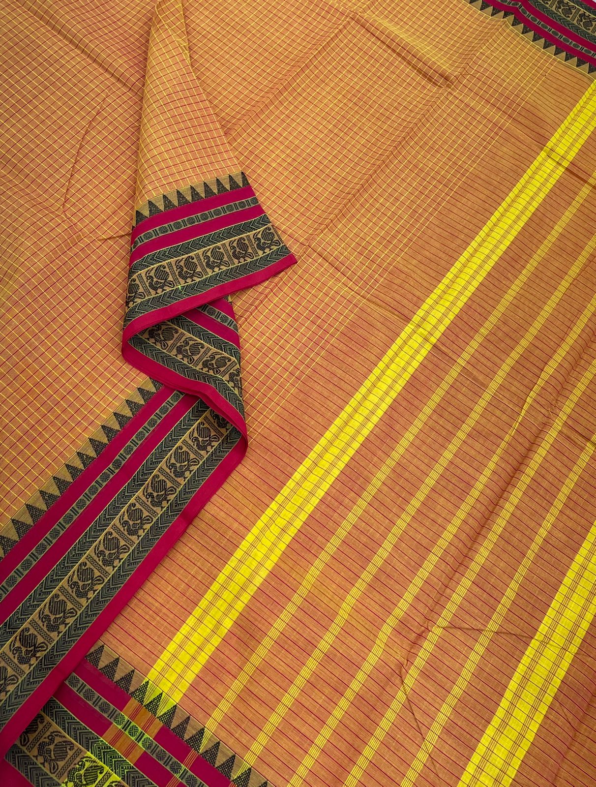 Kanchi soft cotton x chettinad style | madras checks | orange x pink thread border