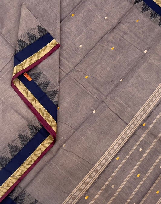 Kanchi cotton x chettinad style| temple small border |grey x Blue x maroon