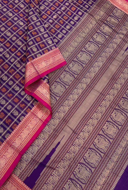 Pure Handloom Kanchi rich Cotton Saree | threads X four Motif x 1000 BUTTA mayil| Violet x Pink