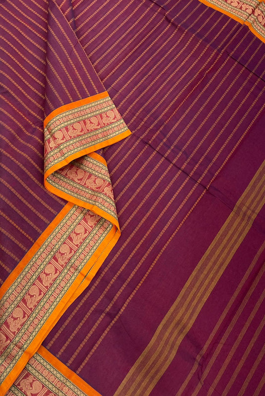 Kanchi soft cotton | thread border | burgandy X manjal | mayil