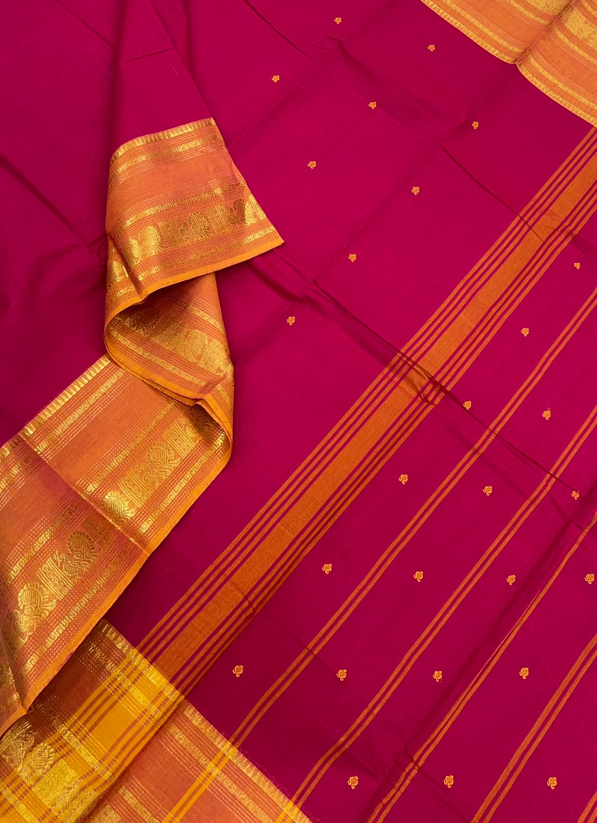 Kanchi cotton| Rani pink x manjal | rettaipet zari border