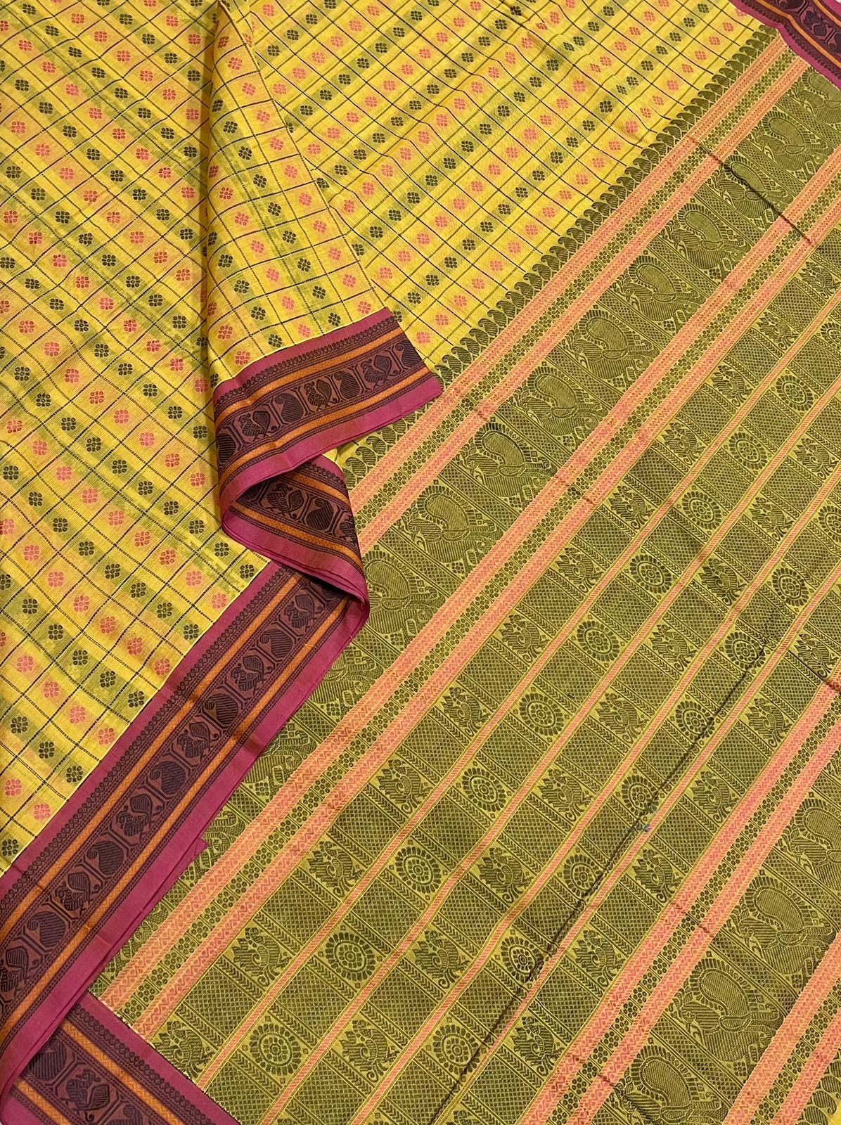 Kanchi handloom rich cotton | kamalam  x 1000 butta | yellow x pink |NKV56