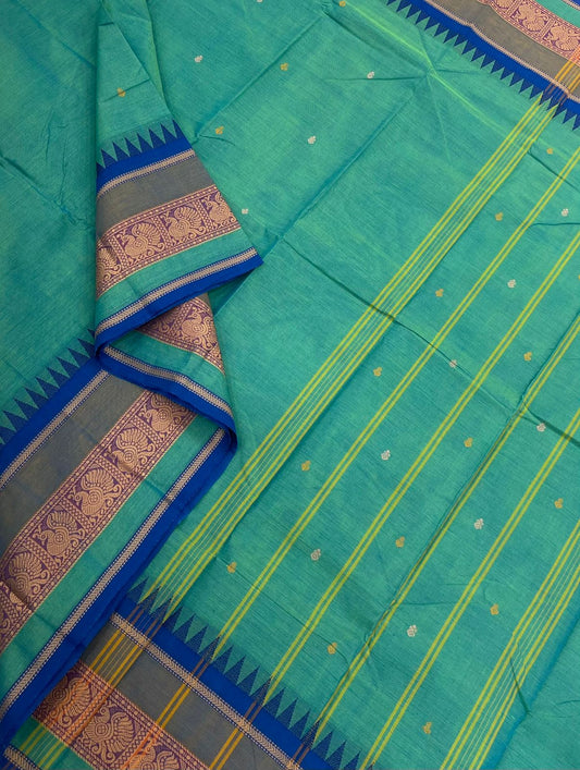 Kanchi cotton| teal x blue | temple border x mayil thread border