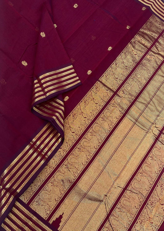 Pure Handloom Kanchi rich Cotton Saree | Salangai zari border X Mayil dark pinkish marron