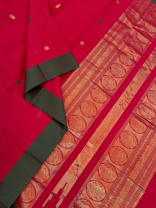 Handloom Rich cotton |  Five motif X Zari thread| Cherry pink X Green