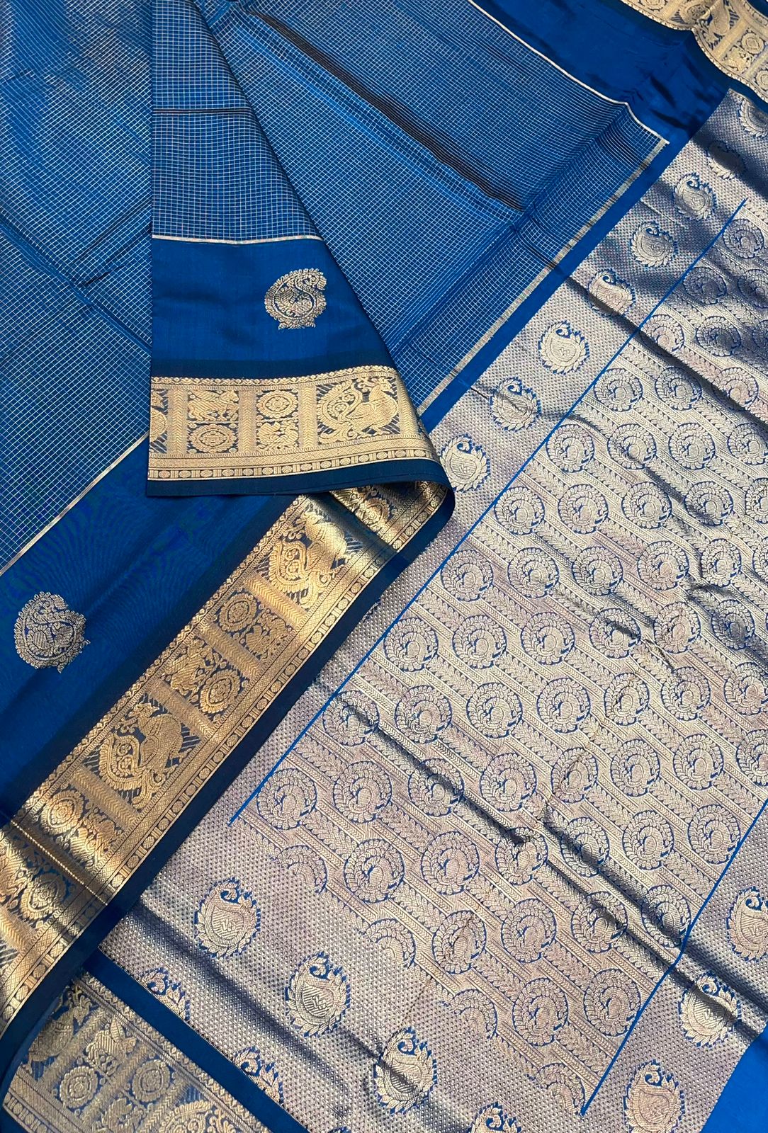 Kanchi Silk Cotton Sarees | Vairaoosi MUTHUKATTAM X mango |  Blue x gold