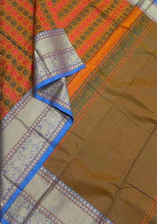 Kanchi soft cotton | 1000 butta x thread border | orange X blue