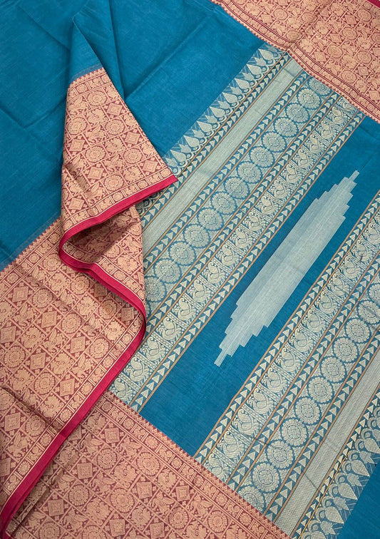 Handloom Rich cotton |sky blue x red | unicorn border kattam | Master weave