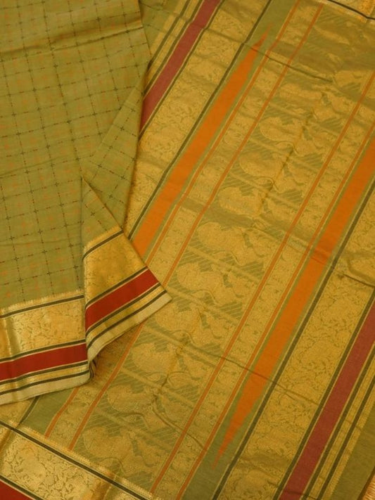 Pure Handloom Kanchi Cotton Saree | PlusButta X OliveGreen