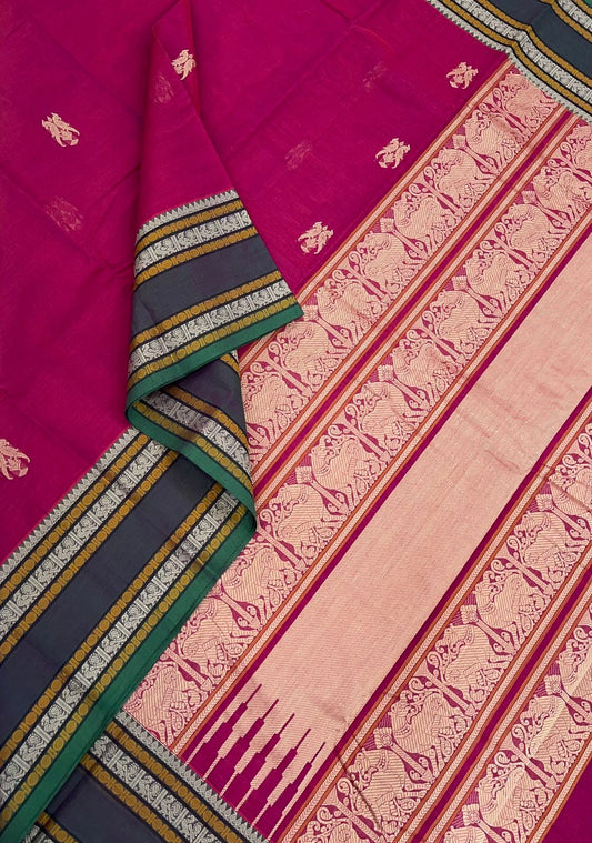 Pure Handloom Kanchi Cotton Saree | Rettai killi Threads| Pink x Green | Master weave