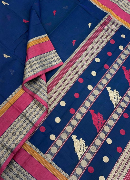 Pure Handloom Kanchi rich Cotton Saree | Kalakshetra killi X threads | blue x pink