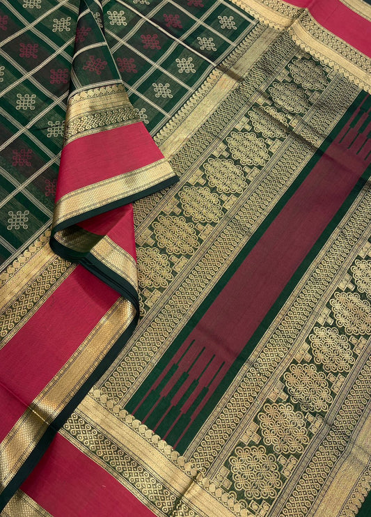 Kanchi Silk Cotton Sarees |1000 butta x kolam | Bottlegreen x red