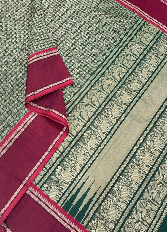 Pure Handloom Kanchi Cotton Saree | 20000 butta X green x marron |Master weave