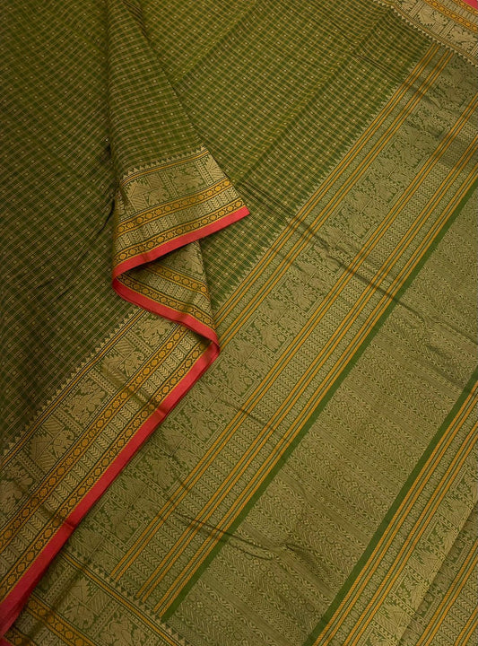 Pure Handloom Kanchi rich Cotton Saree | 1000 Lakshadeepam butta  X green x red