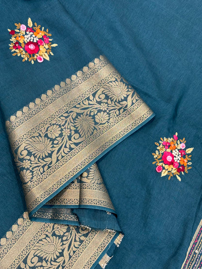 Premium Handloom Soft Chanderi silk cotton  | Floral Embroidered French knot