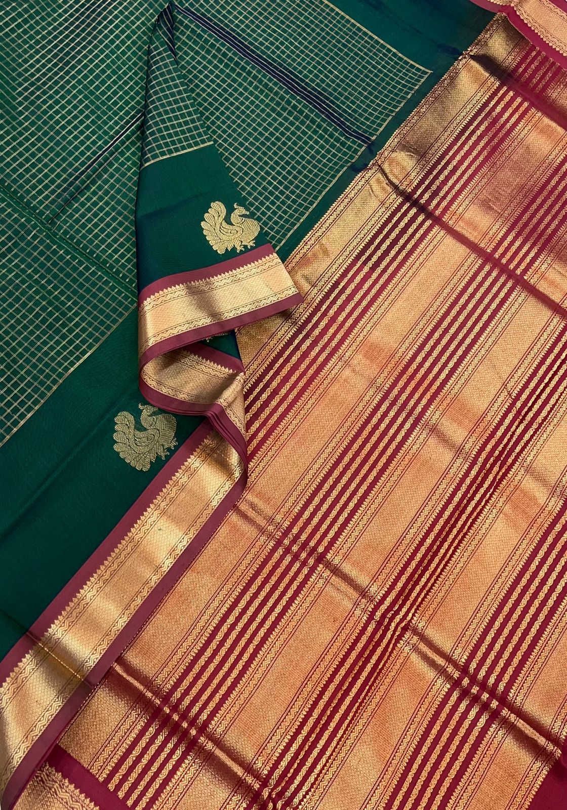 Kanchi Silk Cotton Sarees | muthukattam X mayil |  bottle green x marron