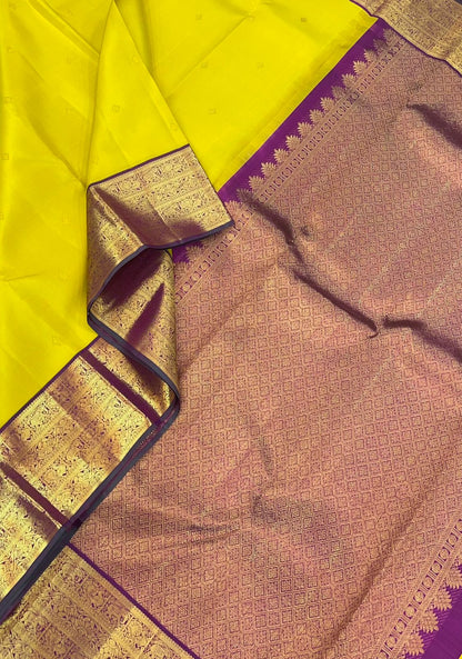 Pure Kanjivarams | yellow X dark pink |hand korvai x diamond butta | Handwoven luxury x 4 ply