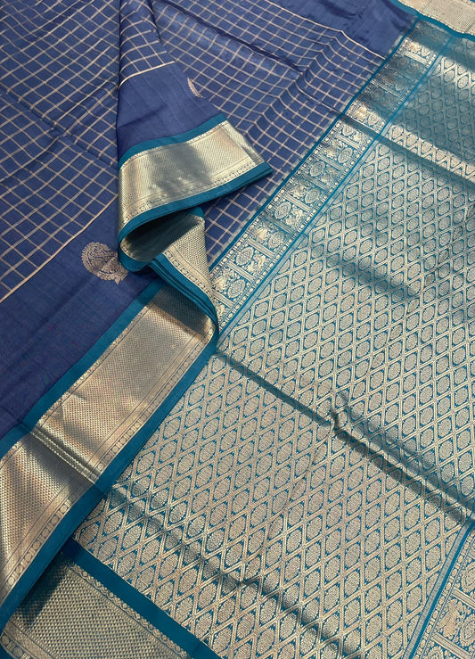 kanchi luxury silk cotton | kattam X manga butta | Grey x bluish teal