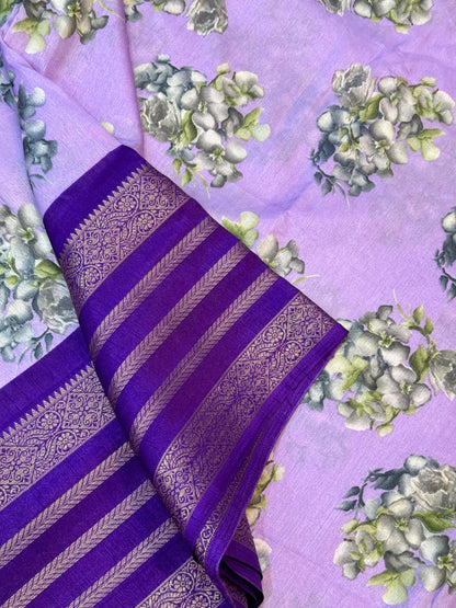 Floral | PrintedSemiSilk | lavender X violet | Kanchipuram Border