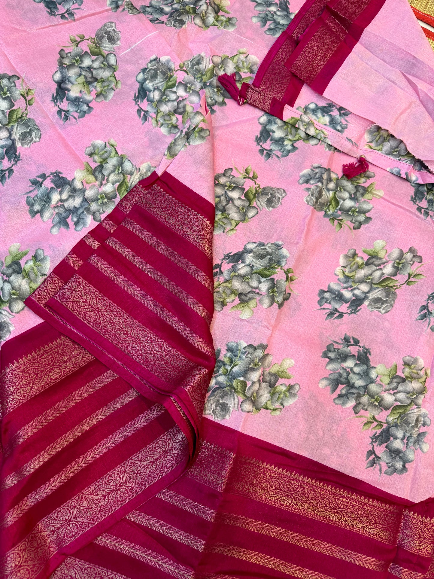 Floral | PrintedSemiSilk | pink X dark pink | Kanchipuram Border