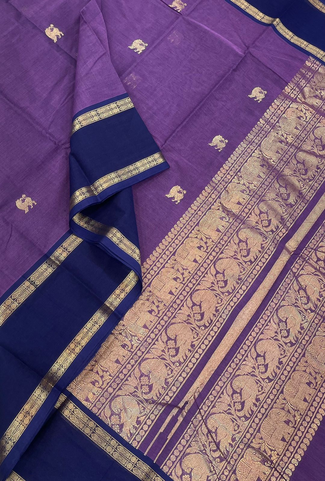 Pure Handloom Kanchi rich Cotton Saree | yahzli X zari | Violet x navy blue