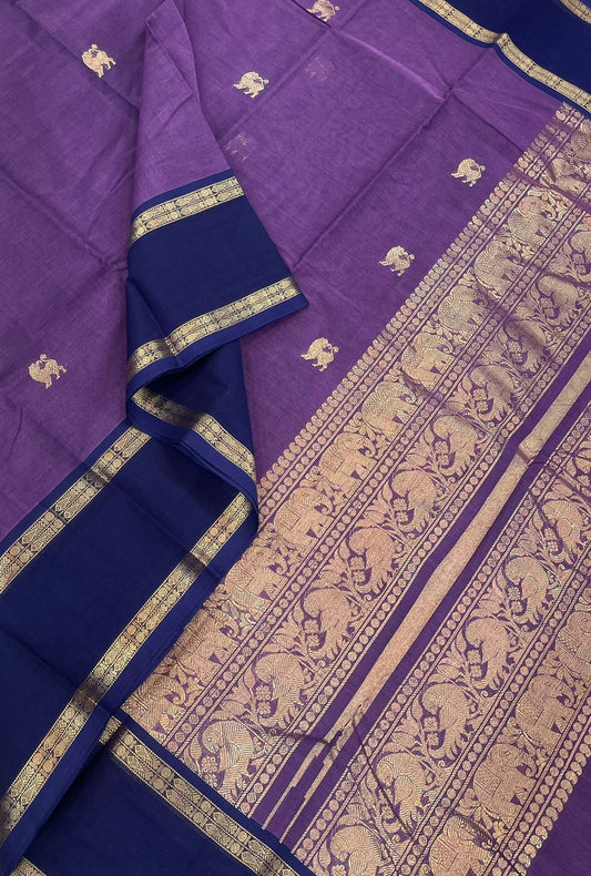 Pure Handloom Kanchi rich Cotton Saree | yahzli X zari | Violet x navy blue