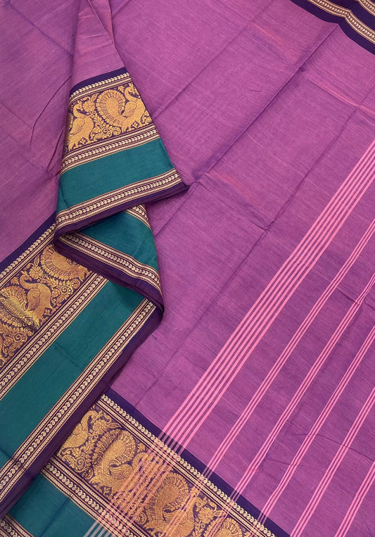 Kanchi soft cotton |Lavendar X cyan Green| Zari X mayil border