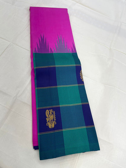 Pure Kanjivarams | peacock blue X pink |one side korvai x long border checks butta | Handwoven luxury x 4 ply